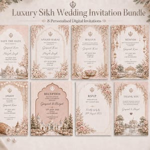 May include: A set of eight digital Sikh wedding invitation cards in soft blush and cream tones, featuring intricate floral borders, architectural illustrations, and the Khanda symbol. Text includes Save the Date, Anand Karaj, Maiyan, Mehndi, Jaggo, Reception, RSVP, and Thank You.
