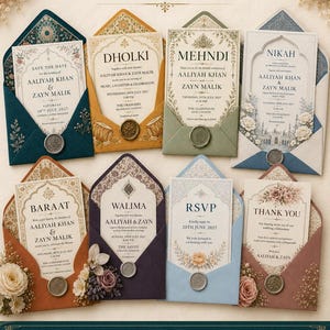 Puede incluir: Un conjunto de ocho tarjetas de invitación de boda con texto para Save the Date, Dholki, Mehndi, Nikah, Baraat, Walima, RSVP y Thank You. Cada tarjeta está en un sobre de color con un sello de cera, mostrando motivos florales y detalles dorados.