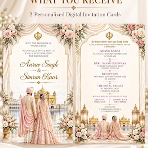 Könnte beinhalten: Zwei personalisierte digitale Hochzeitseinladungskarten mit einem Paar in traditioneller Kleidung vor einem goldenen Tempel. Die Karten enthalten Textdetails zur Hochzeit von Aarav Singh und Simran Kaur, einschließlich Datum, Uhrzeit und Ort.