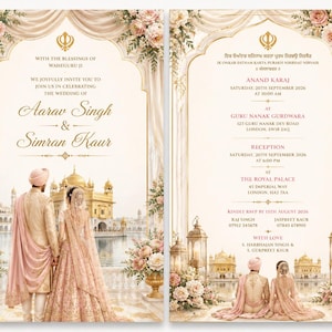 Könnte beinhalten: Eine zweiseitige Hochzeitseinladungskarte mit einem Paar in traditioneller Kleidung vor einem goldenen Tempel. Das Design umfasst Blumenarrangements, ein Khanda-Symbol und Text mit den Hochzeitsdetails von Aarav Singh und Simran Kaur.