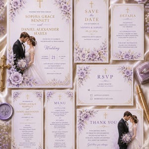 Könnte beinhalten: Ein Hochzeitspapeterie-Set mit hellvioletten Blumenakzenten und goldenen Kreuzmotiven. Es umfasst eine Einladung, Save-the-Date-Karte, Detailkarte, RSVP-Karte, Zeremonienprogramm, Menü und Dankeskarte mit Text für Sophia und Daniel.