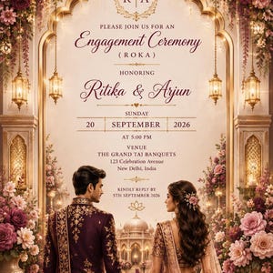 May include: An engagement ceremony invitation card featuring a couple in traditional attire, floral arches, and lanterns. Text includes: PERSONALISED FOR YOU, Engagement Ceremony (ROKA), Ritika & Arjun, Sunday 20 September 2026, 5:00 PM, The Grand Taj Banquets.