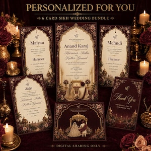 Könnte beinhalten: Ein 6-teiliges Sikh-Hochzeitseinladungsset mit tiefroten Rändern, komplexen Blumenmustern und goldenen architektonischen Details. Die Karten enthalten Text für Maiyan, Anand Karaj, Mehndi, Jago sowie eine Dankeskarte und zeigen Illustrationen eines Paares.