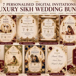 Könnte beinhalten: Ein Set aus sieben personalisierten digitalen Sikh-Hochzeitseinladungen mit verzierten Blumenrändern, traditionellen Laternen und Paardarstellungen. Das Set enthält Save the Date, Anand Karaj, Saheh Chitti, Chooda, Mehndi, Jaggo und Welcome Sign.
