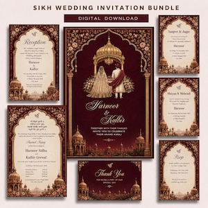 Op de afbeelding: Een digitale download van een Sikh-huwelijksuitnodigingsbundel. Het ontwerp bevat sierlijke bordeauxrode frames met gouden accenten en illustraties van een stel, tempels en bloemmotieven. De tekst bevat de namen "Harnoor & Kulbir" en evenementdetails.