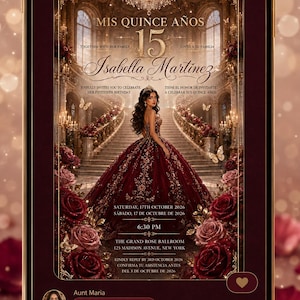 Könnte beinhalten: Eine digitale Einladung zur Quinceañera von Isabella Martinez auf einem Smartphone-Bildschirm. Das Design zeigt einen dunkelroten Ballsaal-Hintergrund, eine Person im Ballkleid sowie Textdetails zu Datum, Uhrzeit und Veranstaltungsort.