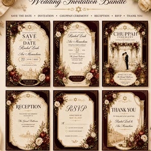 Könnte beinhalten: Ein luxuriöses jüdisches Hochzeitseinladungs-Set mit sechs Karten, verziert mit cremefarbenen und dunkelroten Blumenakzenten, goldenen Davidsternen und architektonischen Illustrationen. Das Set enthält Save-the-Date-, Einladungs-, Chuppah-, Empfangs-, RSVP- und Dankeskarten mit eleganter Serifenschrift.