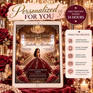 Könnte beinhalten: Ein digitales Tablet zeigt eine personalisierte Quince Años-Einladung mit einer Person in einem dunkelroten Ballkleid auf einer großen Treppe. Der Text enthält den Namen Isabella Martinez, Datum, Uhrzeit und Ort.