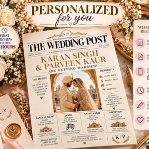 Könnte beinhalten: Eine Hochzeitseinladung im Zeitungsstil mit dem Titel The Wedding Post und den Namen Karan Singh und Parveen Kaur. Das Design enthält ein zentrales Foto eines Paares, Veranstaltungsdetails für Sangeet Night, Jaggo, Anand Karaj und Reception sowie eine Seitenleiste mit Informationen zu digitalen Dateien.