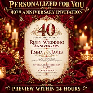 Personalized 40th Wedding Anniversary Invitation, Ruby Red Floral Digital Invite