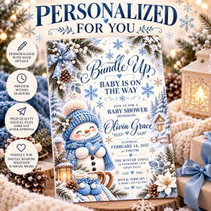 Könnte beinhalten: Eine rechteckige Babyparty-Einladungskarte mit einem Schneemann in blauer Strickmütze und Schal, umgeben von Schneeflocken, Tannenzweigen und dem Text Bundle Up, Baby Is On The Way, zu Ehren von Olivia Grace am 14. Februar 2027.