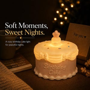 May include: A lit birthday cake-shaped night light with the words "Birthday Cake" on the side. The cake is cream-colored with a star-shaped topper and colorful sprinkles. Text on the image reads "Soft Moments, Sweet Nights."