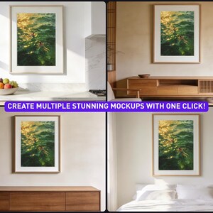 May include: A framed vertical wall art print featuring a photograph of a person swimming in deep green water with golden sunlight reflecting on the surface. The artwork is displayed in a light wood frame with a white mat border.