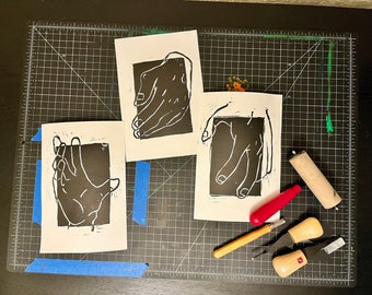 Triple Hand Gestures Lino Block Print (triple print listing) 6x8”