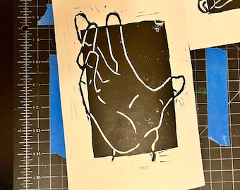 Hand Gestures Lino Block Print (single print listing) 6x8”