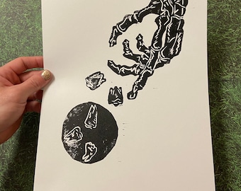 Skeleton Hand with Teeth Linoblock Print