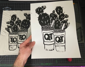 Gas Station Cactus Cup Lino Block Print, 9x12