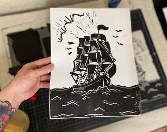 Clipper Ship Lino Block Print, 9x12”