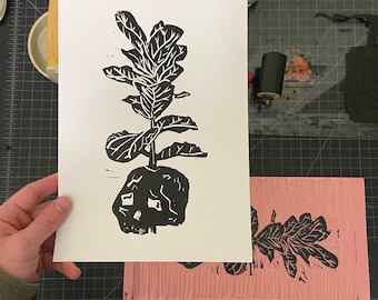 Fiddle Leaf Skull Lino Block Print