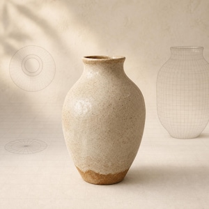 May include: A ceramic vase with a speckled cream-colored glaze and a raw, unglazed brown base. The vase features a rounded body and a narrow neck. In the background, there are faint, translucent wireframe technical drawings of the vase.