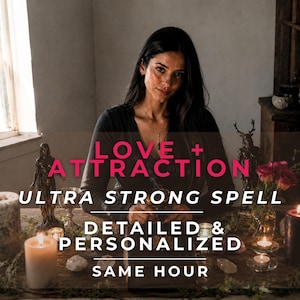 Può includere: Un'immagine con una donna con lunghi capelli scuri seduta a un tavolo di legno. La sovrapposizione di testo recita: "LOVE + ATTRACTION, ULTRA STRONG SPELL, DETAILED & PERSONALIZED, SAME HOUR". Candele e oggetti decorativi sul tavolo.