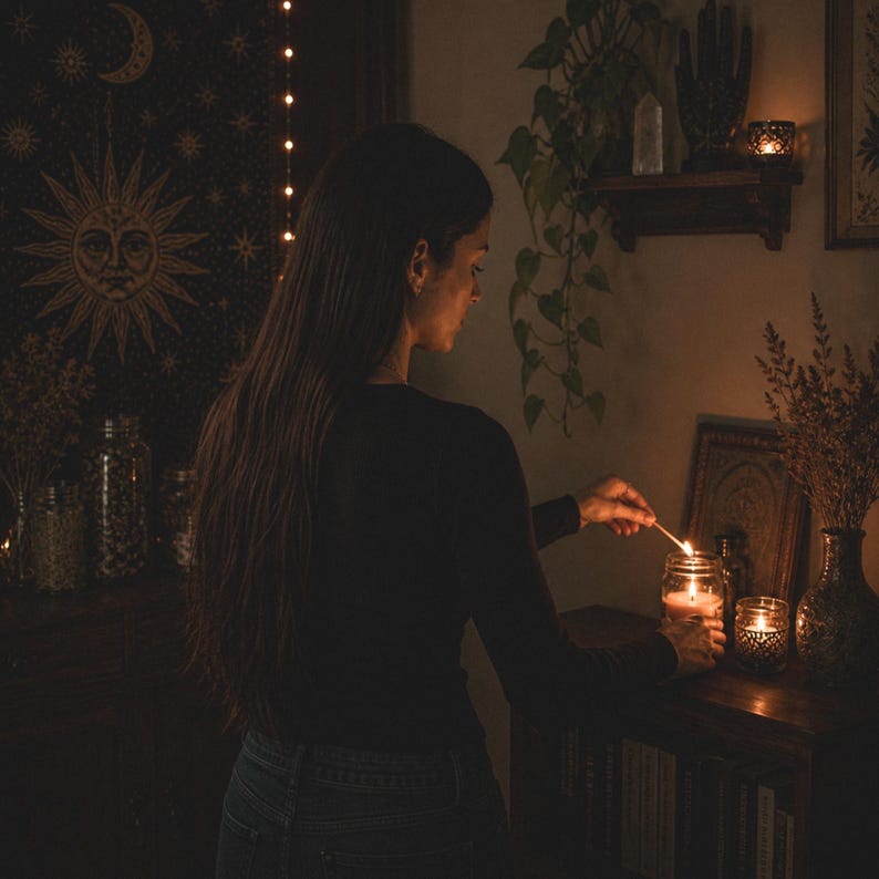 Puede incluir: Una persona enciende una vela en un tarro de cristal con una cerilla. La escena est&aacute; tenuemente iluminada, con un tapiz celestial y objetos decorativos en una estanter&iacute;a. La est&eacute;tica general es c&aacute;lida y acogedora.