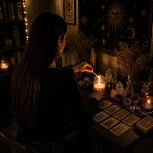Puede incluir: Una persona enciende una vela en un tarro de cristal, rodeada de cristales, cartas del tarot y flores secas. La escena est&aacute; tenuemente iluminada, con un tapiz con un dise&ntilde;o de sol y luna en el fondo. El tema general sugiere un entorno m&iacute;stico o espiritual.