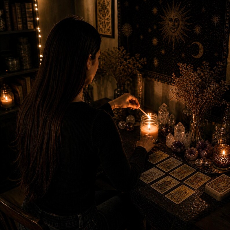 Puede incluir: Una persona enciende una vela en un tarro de cristal, rodeada de cristales, cartas del tarot y flores secas. La escena est&aacute; tenuemente iluminada, con un tapiz con un dise&ntilde;o de sol y luna en el fondo. El tema general sugiere un entorno m&iacute;stico o espiritual.