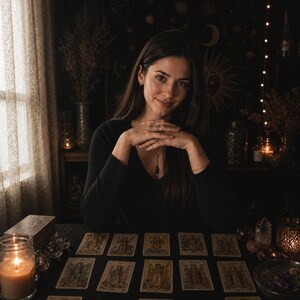 Puede incluir: Una persona est&aacute; sentada en una mesa con cartas del tarot dispuestas. Las cartas est&aacute;n dispuestas en fila, con varias ilustraciones visibles. Una vela encendida y otros objetos m&iacute;sticos est&aacute;n sobre la mesa. El fondo presenta una pared oscura estampada y una ventana.