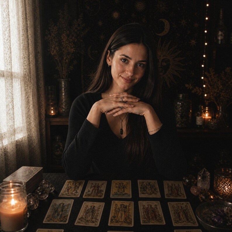 Puede incluir: Una persona est&aacute; sentada en una mesa con cartas del tarot dispuestas. Las cartas est&aacute;n dispuestas en fila, con varias ilustraciones visibles. Una vela encendida y otros objetos m&iacute;sticos est&aacute;n sobre la mesa. El fondo presenta una pared oscura estampada y una ventana.