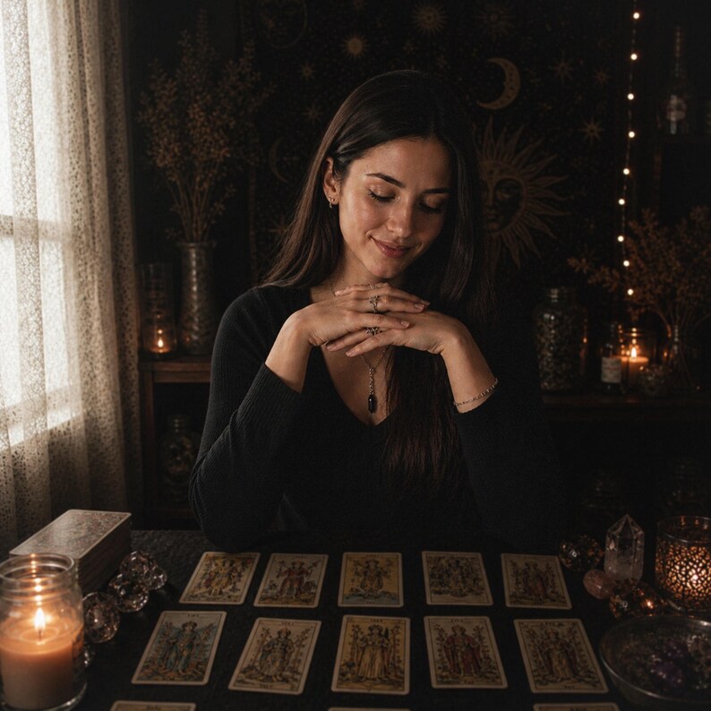 Puede incluir: Una persona est&aacute; sentada en una mesa con cartas del tarot dispuestas. Las cartas son rectangulares con ilustraciones. Una vela encendida y otros objetos est&aacute;n sobre la mesa. El fondo es oscuro con elementos decorativos y una ventana.