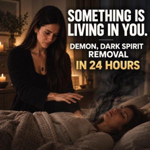 May include: A person in a black cardigan stands over another person lying in bed, with black smoke rising from the person in bed. Text reads: SOMETHING IS LIVING IN YOU. DEMON, DARK SPIRIT REMOVAL IN 24 HOURS. The scene is dimly lit with warm light.