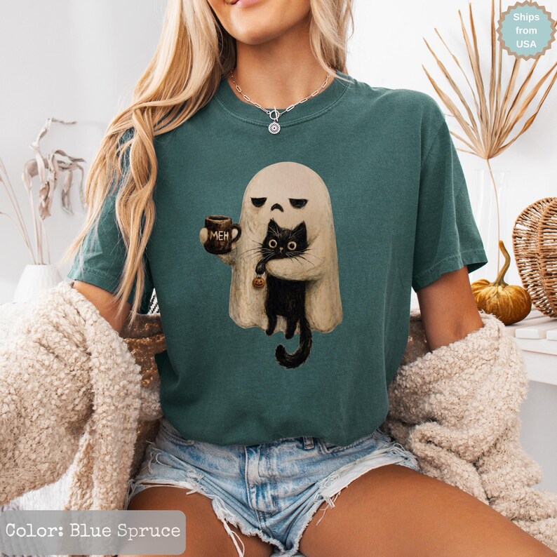 Comfort Colors® Ghost Cat Shirt, Spooky Black Cat Graphic Tee, Funny Introvert Coffee Lover Meh TShirt image 18