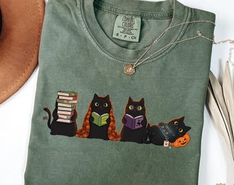 Comfort Colors® Black Cats Reading Halloween Shirt, Book Lover Cat Sweatshirt, Cozy Halloween Cat Reader Shirt