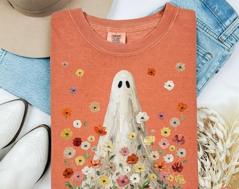 Comfort Colors® Wildflowers Ghost Shirt, Cottagecore Fall Wildflower October Tee, Boho Spooky Season TShirt, Floral Ghost Halloween T-Shirt
