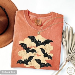 Comfort Colors® Vintage Bat Halloween T-Shirt, Retro Spooky Season Tee, Boho Cottagecore Creepy  Shirt