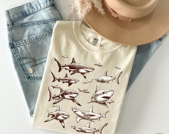Comfort Colors® Vintage Shark Shirt, Great White Doodle Shark Shirt, Ocean Predator Linocut Shirt, Coastal Wildlife Shirt, Shark Lover Gift