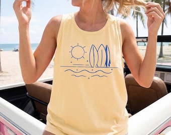 Comfort Colors® Boho Sun and Waves Surfer Tank Top, Garment Dyed Beach Vacation Shirt, Summer Surf Tank Top, Ocean And Waves Tank