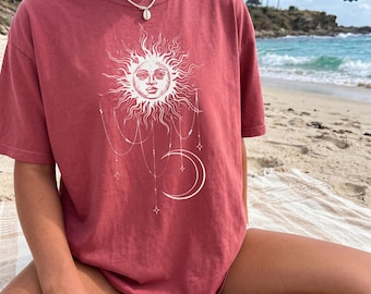 Comfort Colors® Celestial Boho Sun And Moon Shirt, Celestial Sun Crescent Moon Shirt, Small Town Mystery Shirts