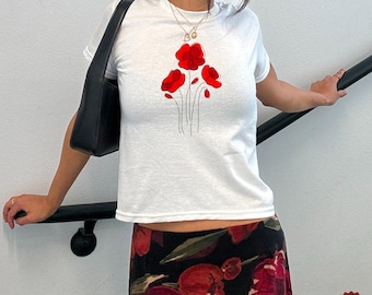 Poppy Birth Flower Baby Tee, Boho Botanical Wildflower Poppy Crop Top, Vintage Floral Tee, Women's Fitted Tee, Veterans Wife Crop Top