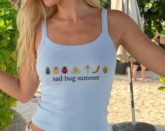 Sad Bug Summer Strap Tank Top, Cottagecore Insect Crop Tee, Y2K Minimal Nature Aesthetic Shirt, Gift for Her, Faux Embroidery Tank
