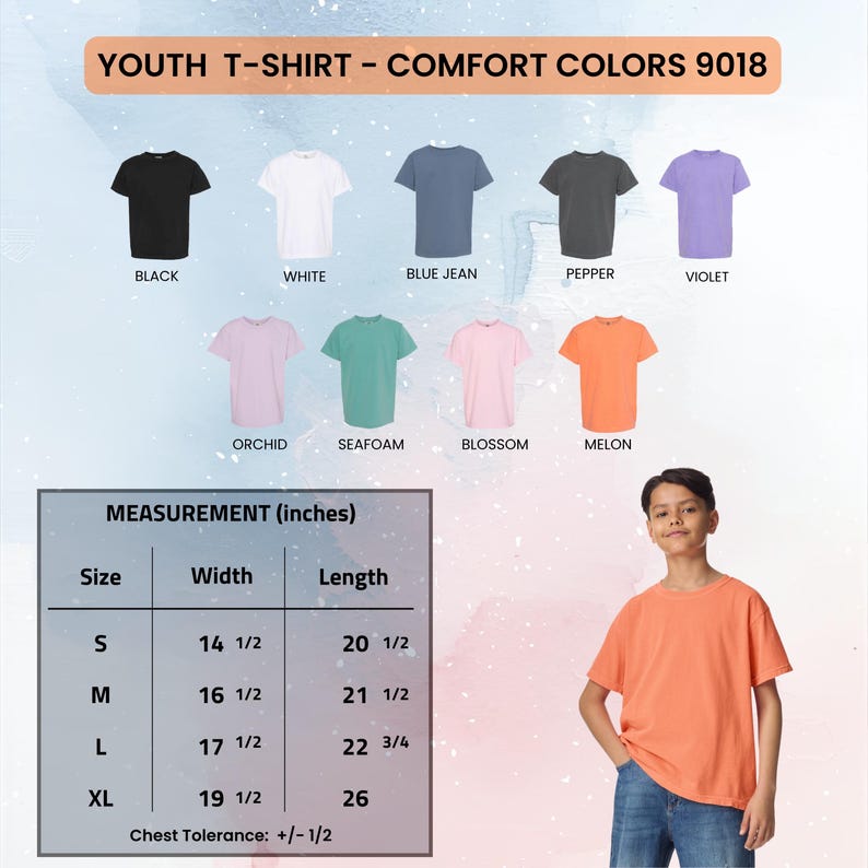 May include: A display of youth t-shirts in various colors, including black, white, blue jean, pepper, and violet. The image also shows orchid, seafoam, blossom, and melon colored shirts. Measurements are provided in inches for sizes S, M, L, and XL.
