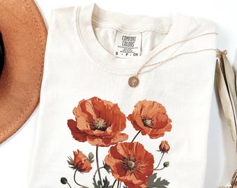 Comfort Colors® Vintage Poppy Flower T-shirt, Boho Botanical Wildflower Shirt, Veterans Day Shirts