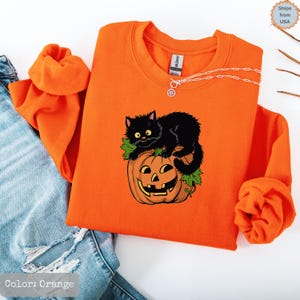 Vintage Black Cat On Pumpkin Sweatshirt, Retro 90s Halloween Hoodie, Fall Vibes Sweatshirt, Black Cat Sweater, Halloween Black Cat Pullover