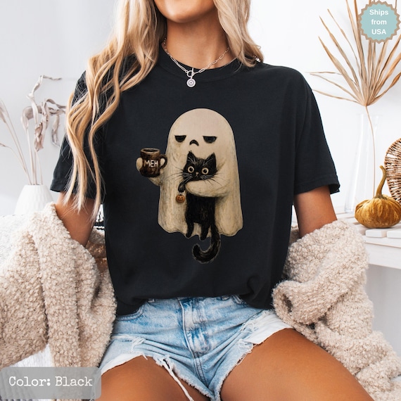Comfort Colors® Ghost Cat Shirt, Spooky Black Cat Graphic Tee, Funny Introvert Halloween Coffee Lover Gift, Funny Cat Meh TShirt