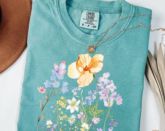 Comfort Colors® Butterfly Wildflower Shirt, Vintage Botanical Flower Shirt, Cottagecore Floral Shirt, Retro Garden Shirt, Nature Lover Gift