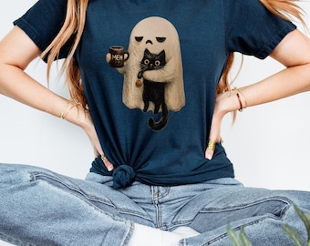Comfort Colors® Ghost Cat Shirt, Spooky Black Cat Halloween Tee, Funny Introvert Coffee Lover Meh TShirt