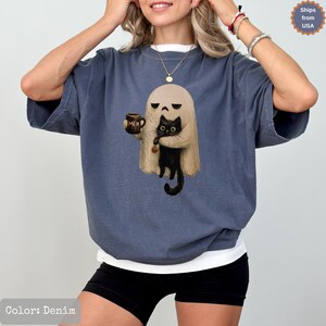 Comfort Colors® Ghost Cat Shirt, Spooky Black Cat Graphic Tee, Funny Introvert Coffee Lover Meh TShirt image 4