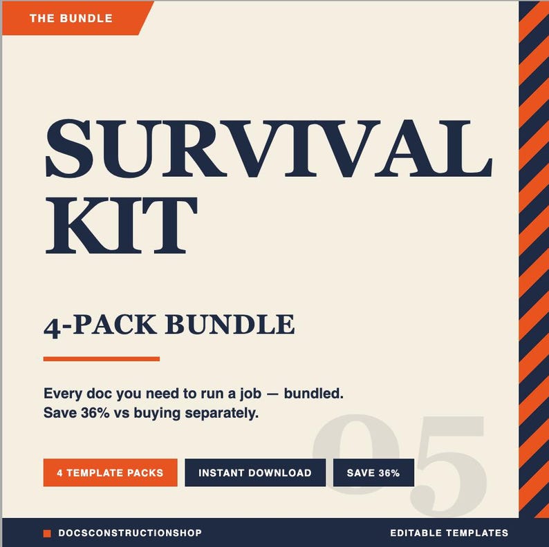 Op de afbeelding: Een digitale productbundel getiteld "SURVIVAL KIT" met de tekst "4-PACK BUNDLE". De afbeelding bevat oranje en marineblauwe accenten, met de tekst "Every doc you need to run a job - bundled. Save 36% vs buying separately."