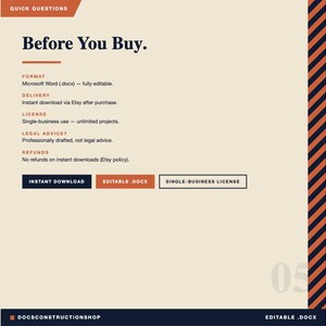 Op de afbeelding: Digitaal document getiteld "Before You Buy" met informatie over formaat, levering, licentie, juridisch advies en restitutie. Het ontwerp heeft een cr&egrave;mekleurige achtergrond, oranje en zwarte strepen aan de rechterkant en tekst in zwart en oranje.